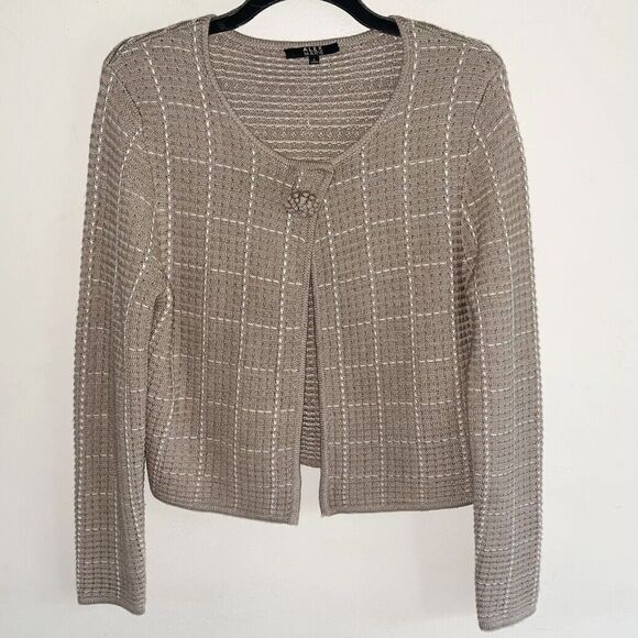 Alex Marie Brown Cardigan L Wool Sweater Flower Button White Grid Long Sleeve - Picture 11 of 12